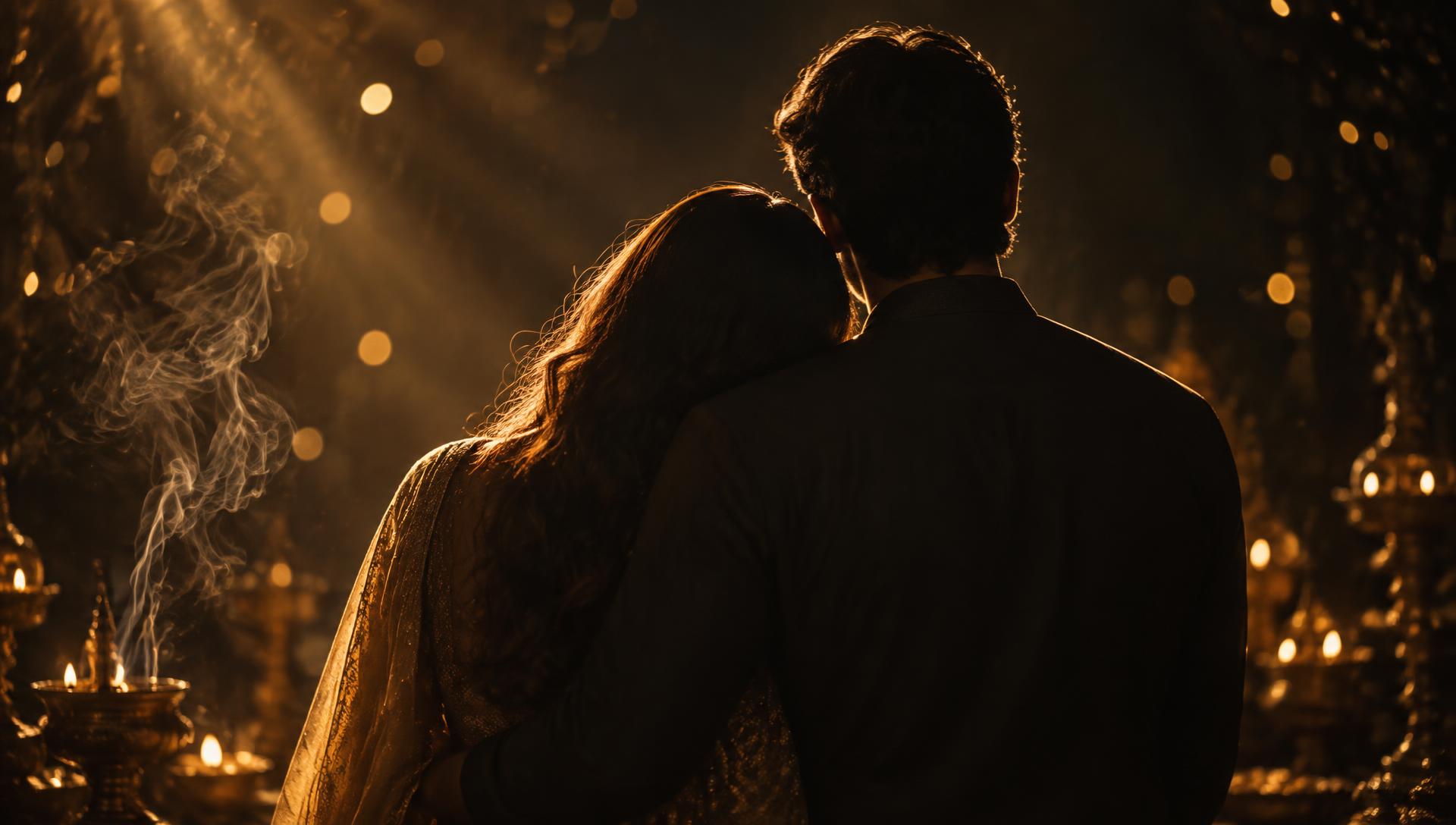 Casal em abraço envolto em luz dourada e fumaça ritual